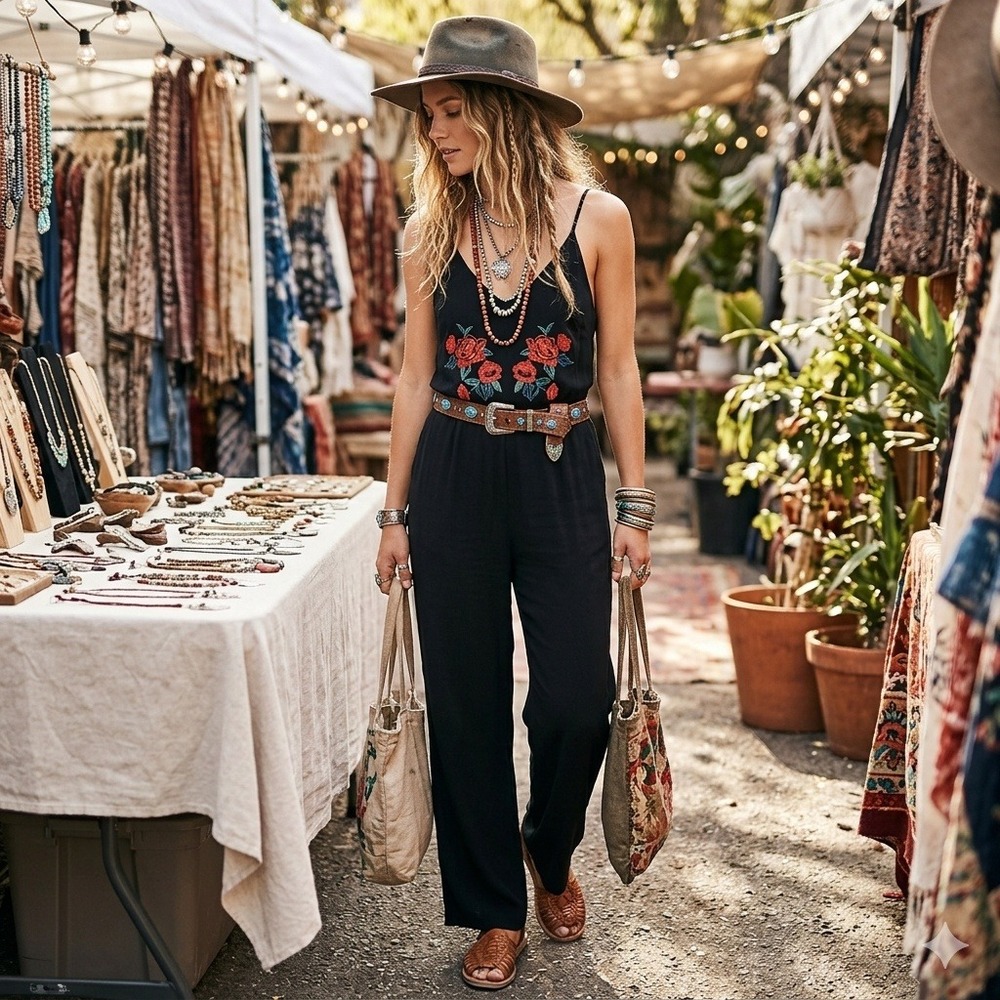 ODDI Black Floral Embroidered Wide Leg Jumpsuit 1X NWT Boho Chic Western Cottage